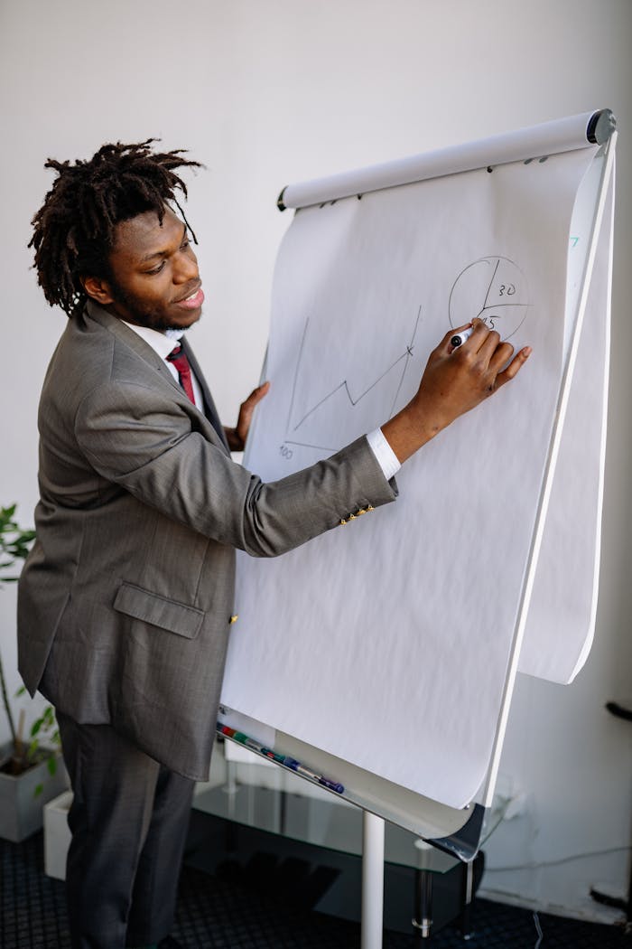 Professional man explaining charts during a business presentation indoors.